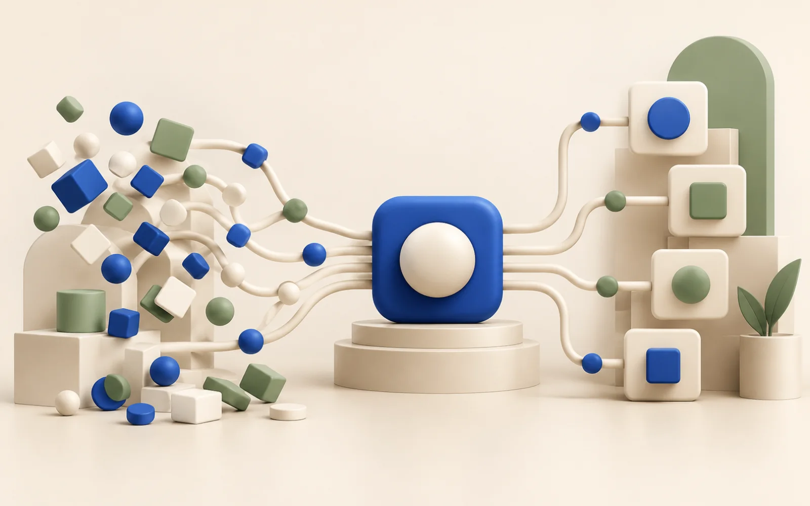 Editorial illustration of scattered operational work becoming one organised system